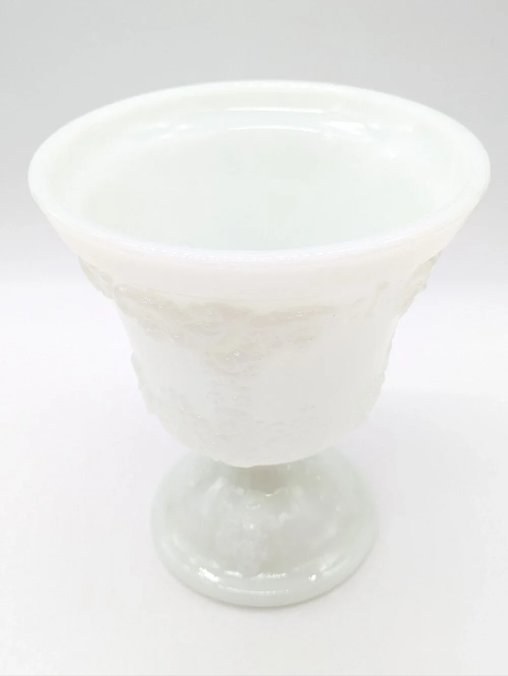Vintage EO Brody White Milk Glass Floral & Grapevine Embossed Footed Vase